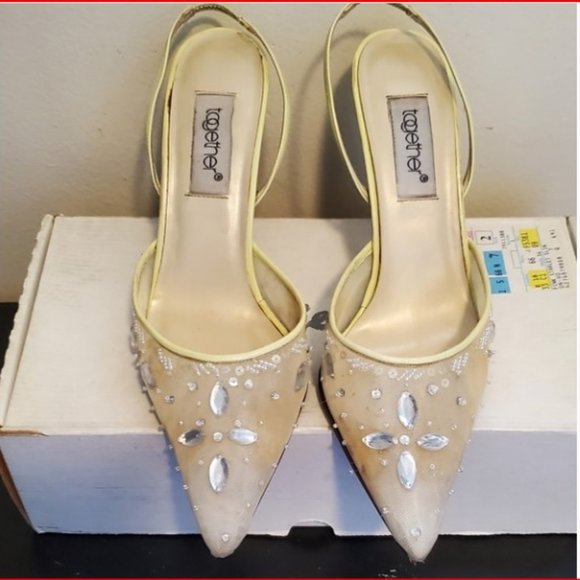 Together Shoes - VINTAGE Slingback HEELS! | 9B | Crystals / Sequins | Daffodil Yellow